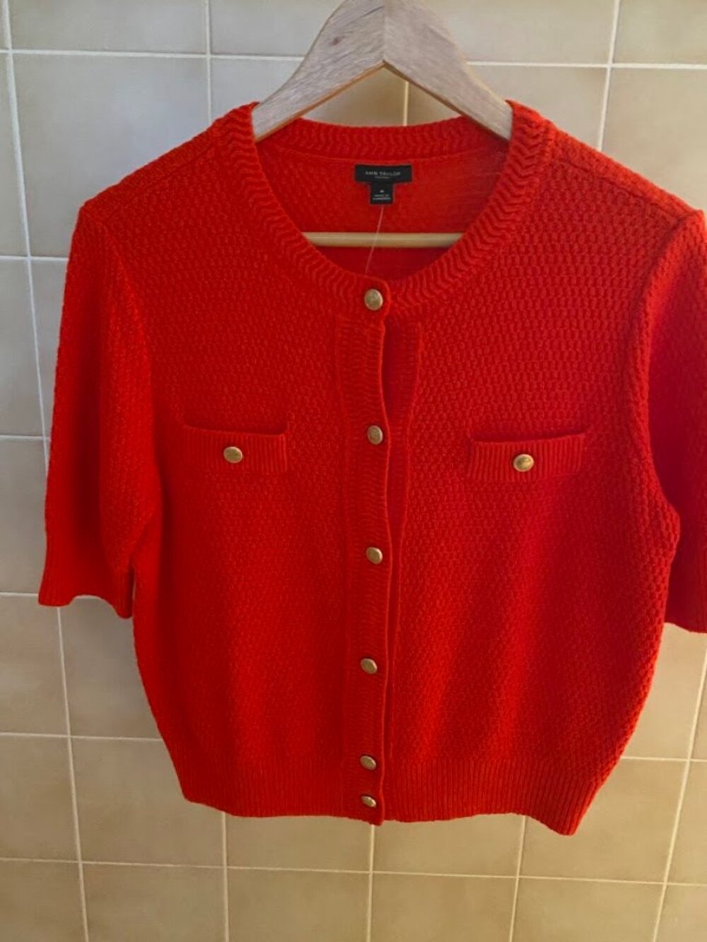 Ann Taylor Factory Short Sleeve Red Orange Honeycomb Knit Cardigan M